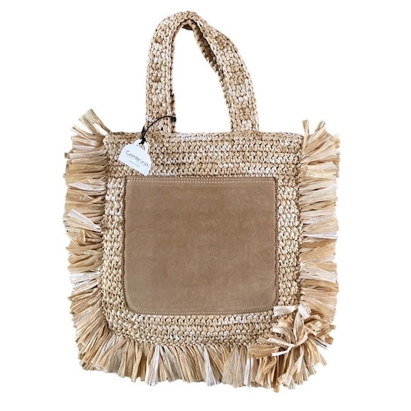 Caterina Bertini Fringe Straw Tote Handbag with Suede Pocket NWT - Picture 1 of 6